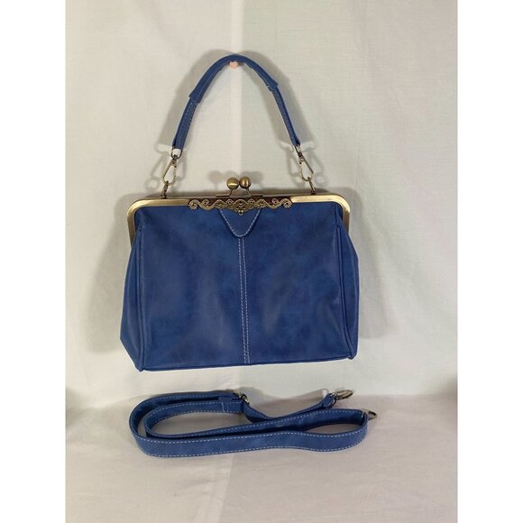 Vintage-Style Blue PU  Frosted Leather Crossbody/Handle Purse New - Picture 1 of 6